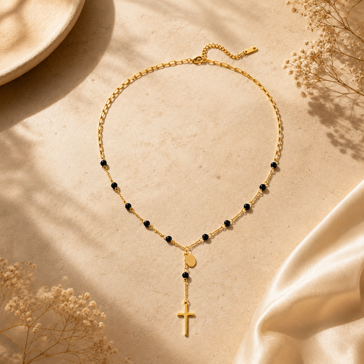 Noir Cross Rosary Necklace
