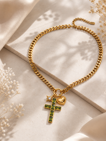 Esmeralda – Green Zircon Cross Pendant Necklace
