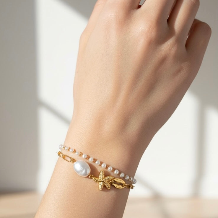 Coral – Double Starfish & White Stone Bracelet